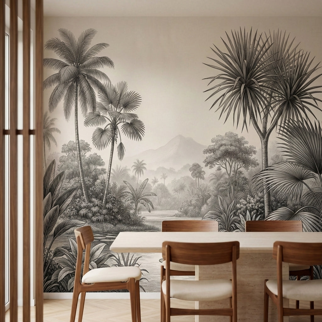 papier peint panoramique jungle palmiers feuillage tropical riviere etang tons b-1