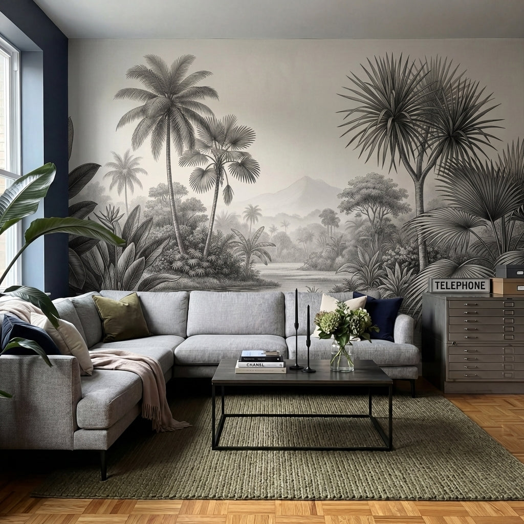 papier peint panoramique jungle palmiers feuillage tropical riviere etang tons b-6