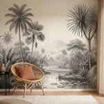 papier peint panoramique jungle palmiers feuillage tropical riviere etang tons b-HERO-14