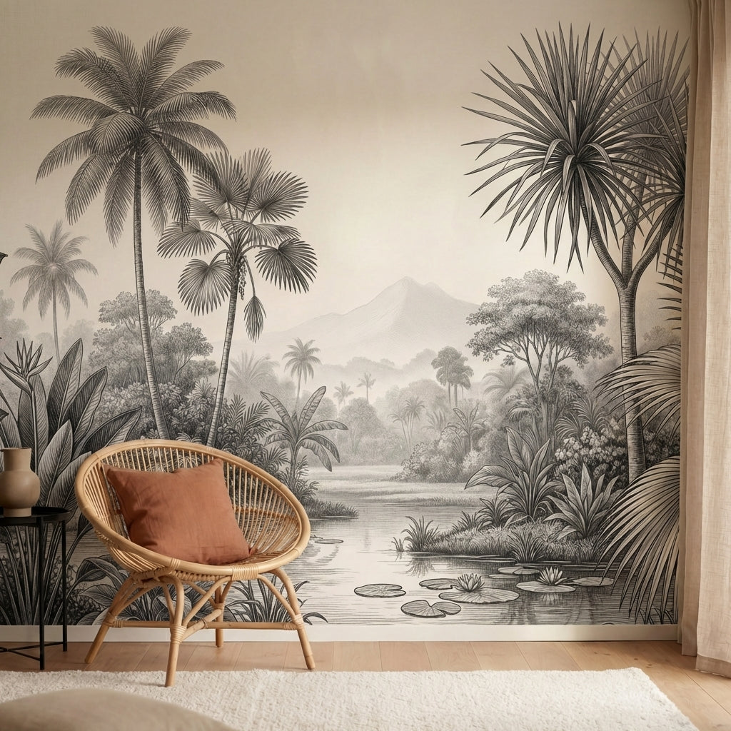 papier peint panoramique jungle palmiers feuillage tropical riviere etang tons b-HERO-14