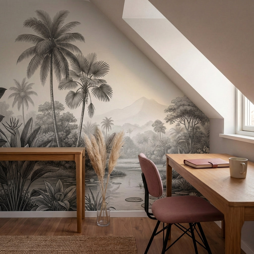 papier peint panoramique jungle palmiers feuillage tropical riviere etang tons b-VARIANTE-12