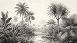 Papier peint panoramique jungle - Palmiers feuillage tropical rivière étang tons beige gris et blanc sur mesure - Design