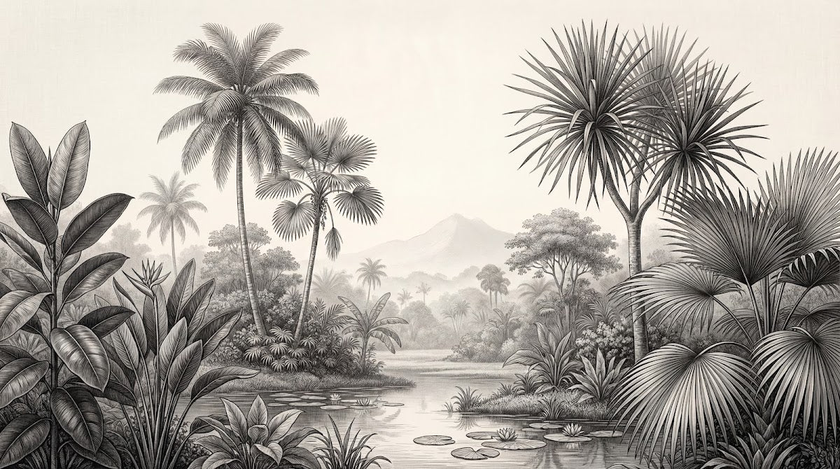 Papier peint panoramique jungle - Palmiers feuillage tropical rivière étang tons beige gris et blanc sur mesure - Design