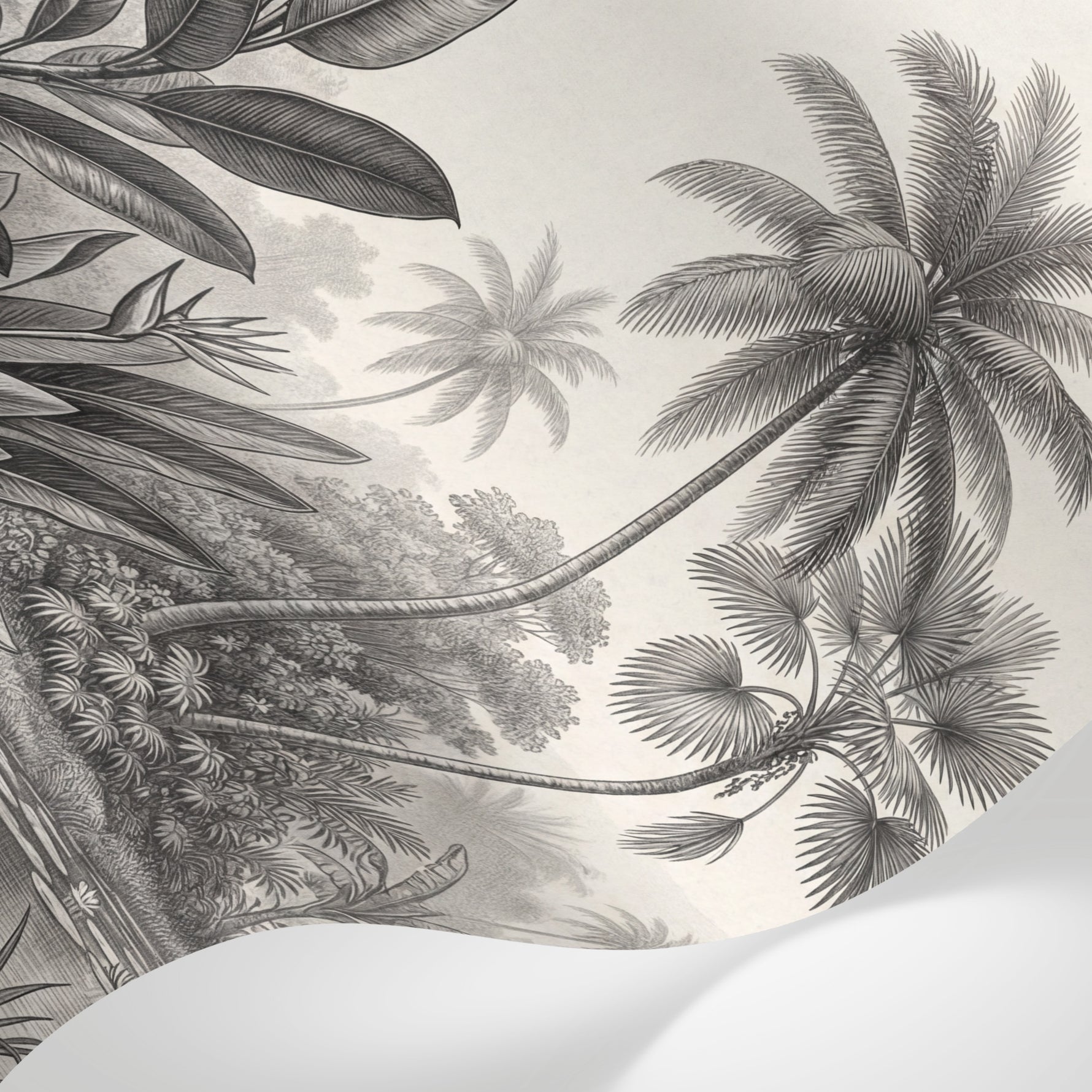 Papier peint panoramique jungle - Palmiers feuillage tropical rivière étang tons beige gris et blanc sur mesure - Matière