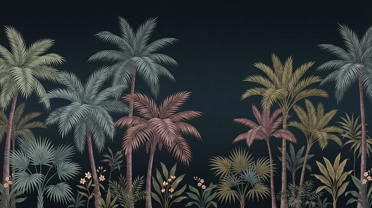 Papier peint panoramique jungle - Palmiers feuilles bananier plantes tropicales fond bleu nuit profond sur mesure - Design