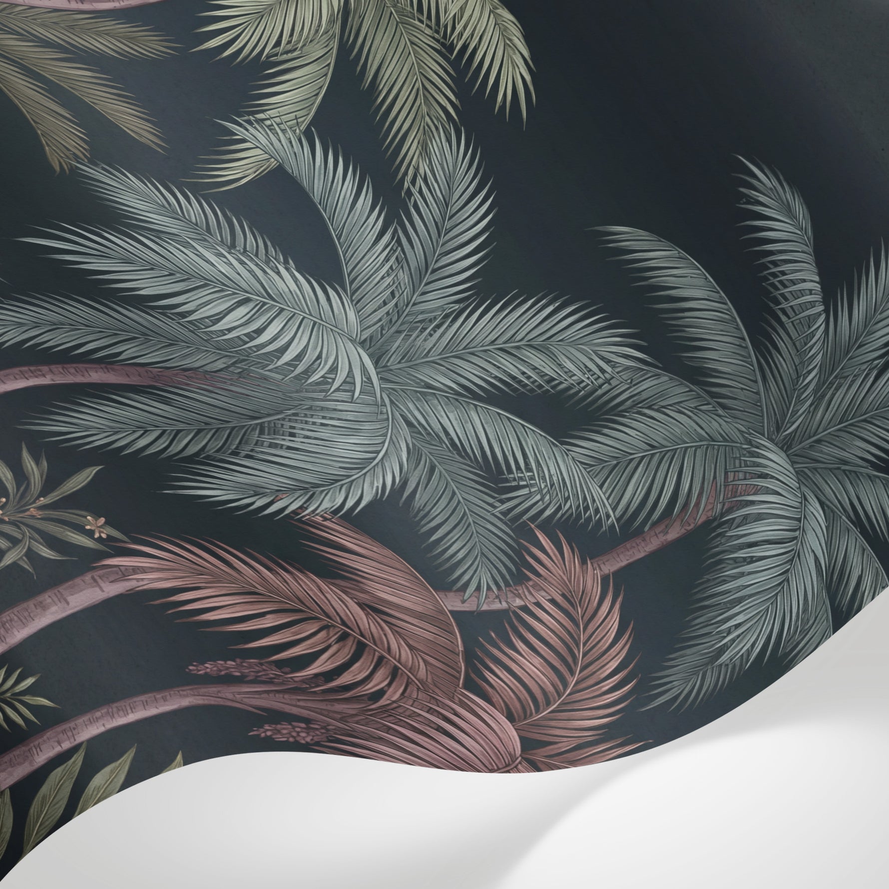 Papier peint panoramique jungle - Palmiers feuilles bananier plantes tropicales fond bleu nuit profond sur mesure - Matière