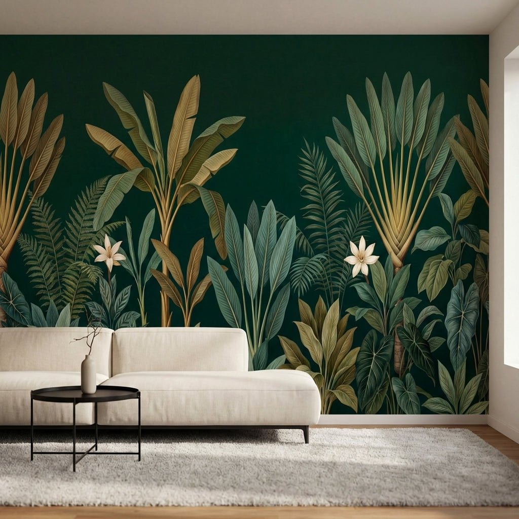 papier peint panoramique jungle palmiers feuilles tropicales fleurs blanches fon-1
