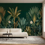 papier peint panoramique jungle palmiers feuilles tropicales fleurs blanches fon-1