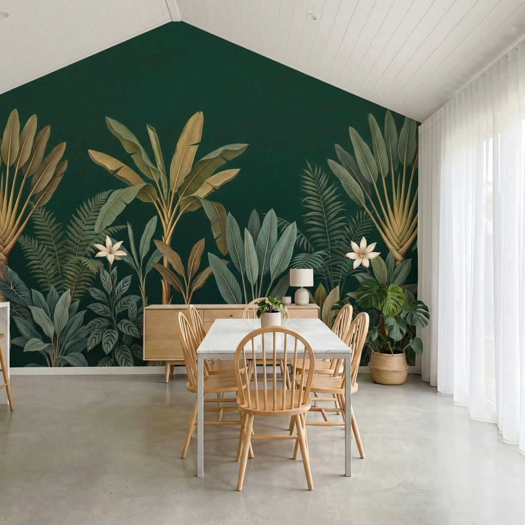 papier peint panoramique jungle palmiers feuilles tropicales fleurs blanches fon-6