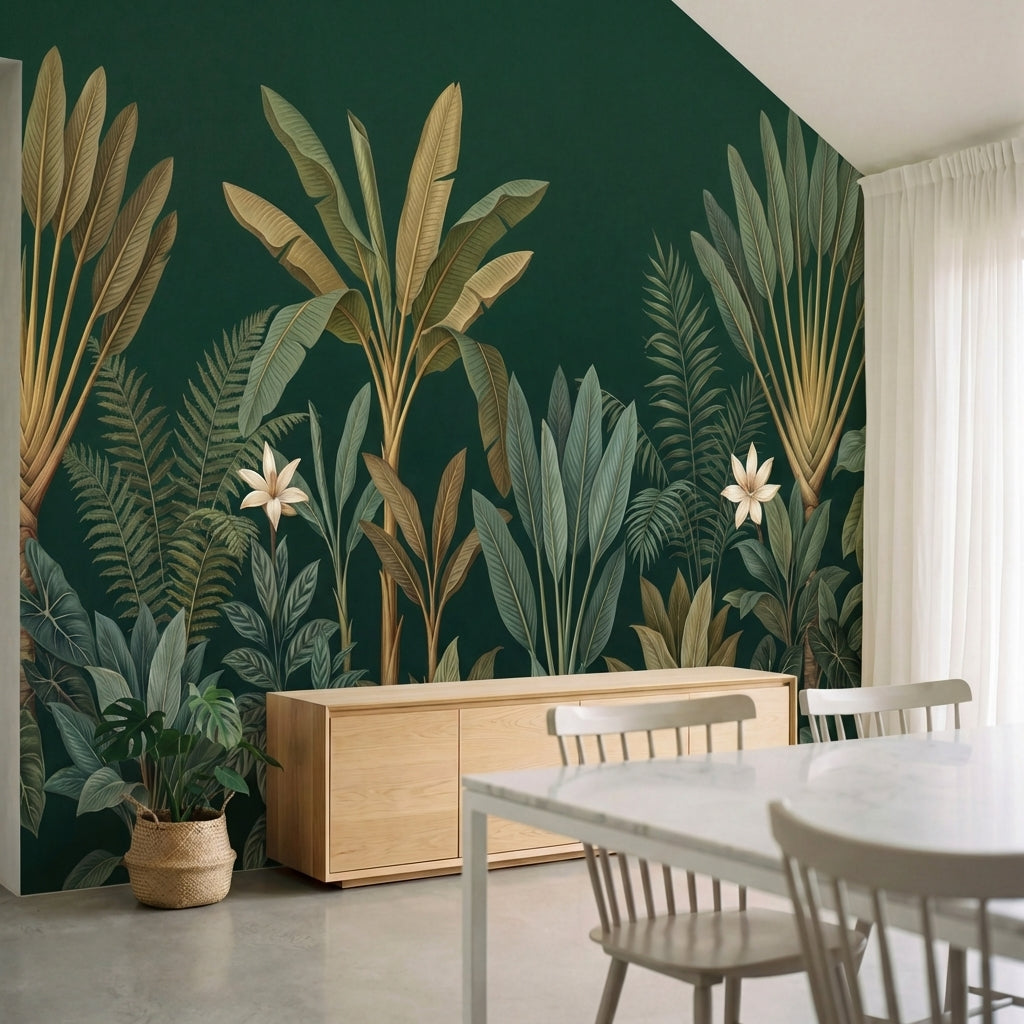 papier peint panoramique jungle palmiers feuilles tropicales fleurs blanches fon-HERO-15