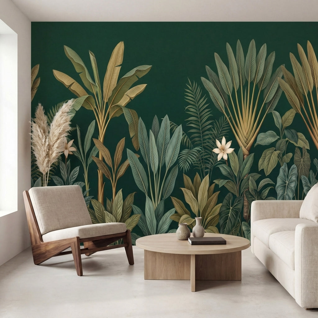 papier peint panoramique jungle palmiers feuilles tropicales fleurs blanches fon-VARIANTE-15