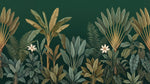 Papier peint panoramique jungle - Palmiers feuilles tropicales fleurs blanches fond vert émeraude sur mesure - Design