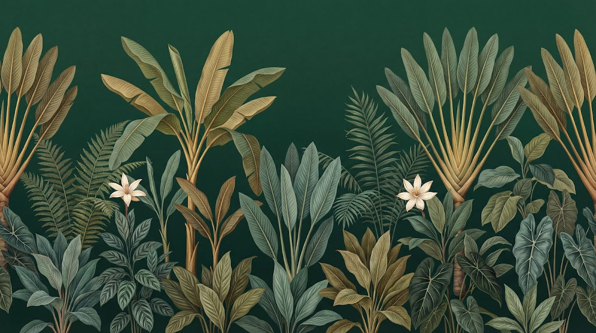 Papier peint panoramique jungle - Palmiers feuilles tropicales fleurs blanches fond vert émeraude sur mesure - Design