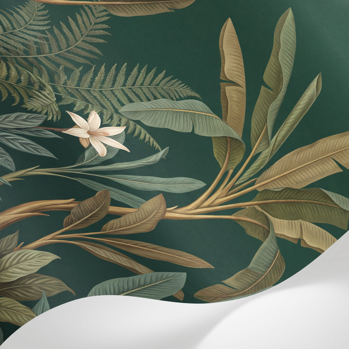 Papier peint panoramique jungle - Palmiers feuilles tropicales fleurs blanches fond vert émeraude sur mesure - Matière
