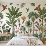 papier peint panoramique jungle palmiers parrots singes flamingo rose orchidees -1