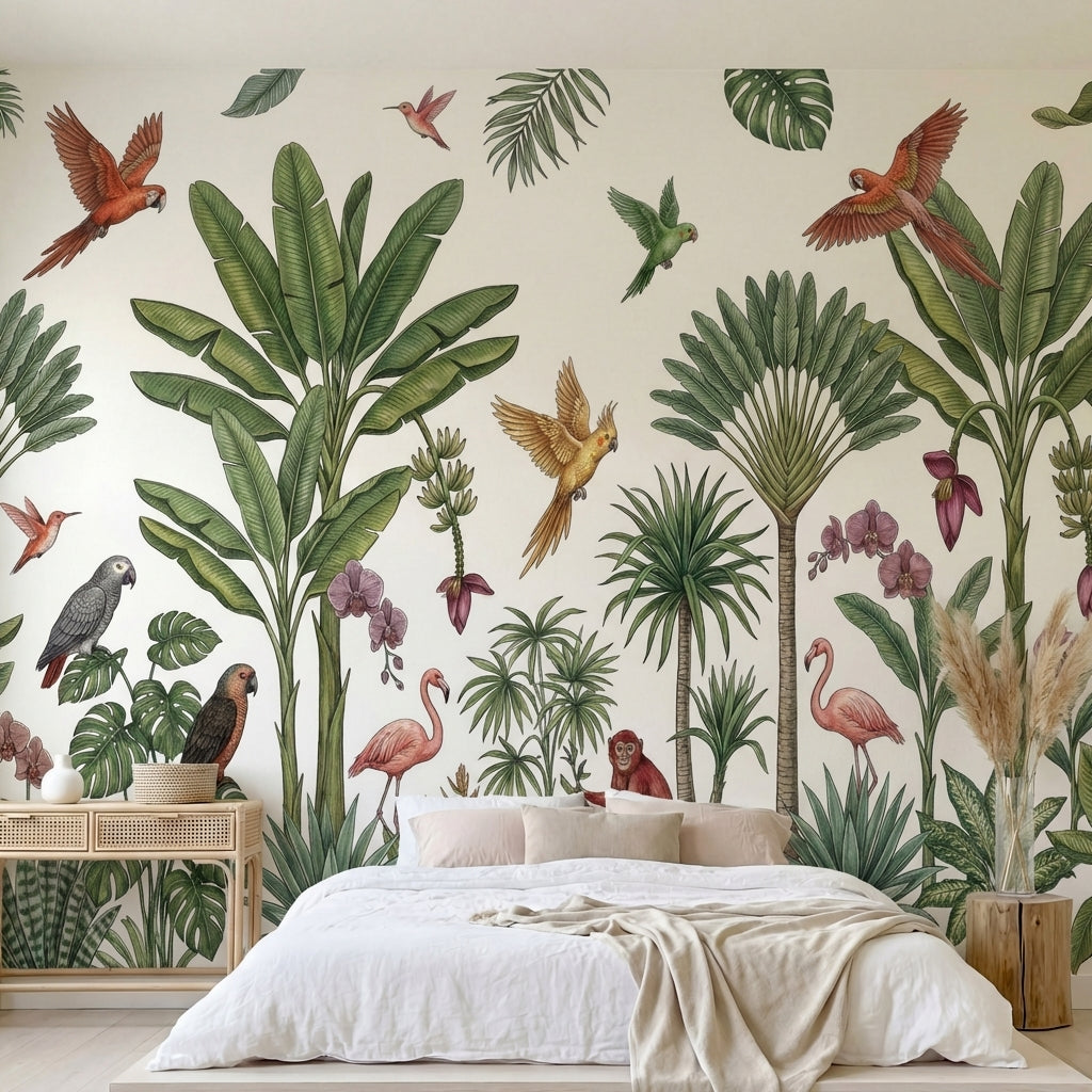 papier peint panoramique jungle palmiers parrots singes flamingo rose orchidees -1