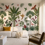 papier peint panoramique jungle palmiers parrots singes flamingo rose orchidees -7