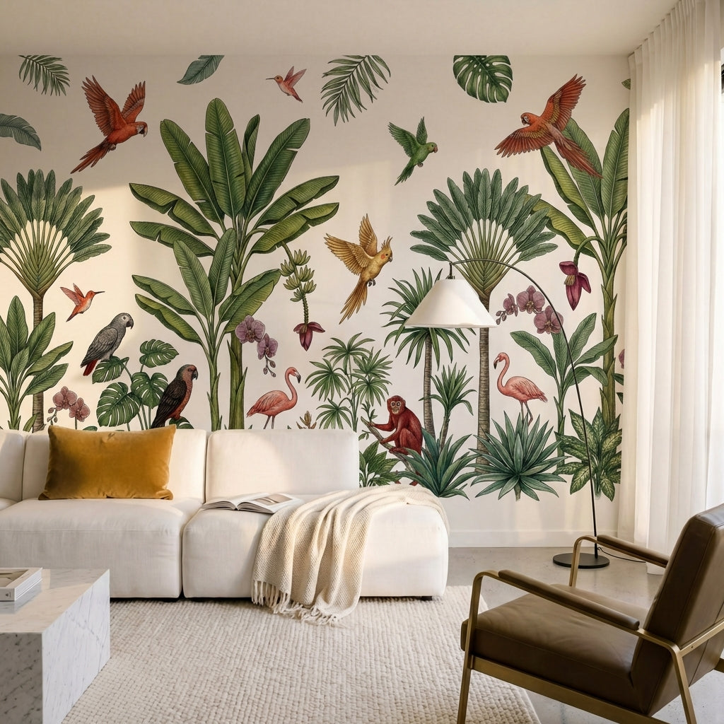 papier peint panoramique jungle palmiers parrots singes flamingo rose orchidees -7