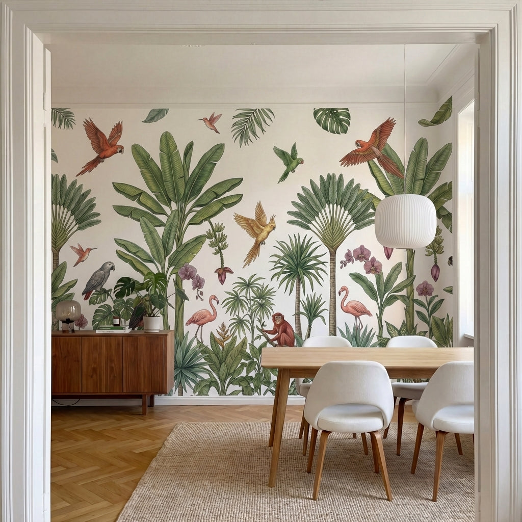 papier peint panoramique jungle palmiers parrots singes flamingo rose orchidees -8