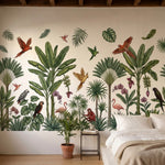 papier peint panoramique jungle palmiers parrots singes flamingo rose orchidees -HERO-12
