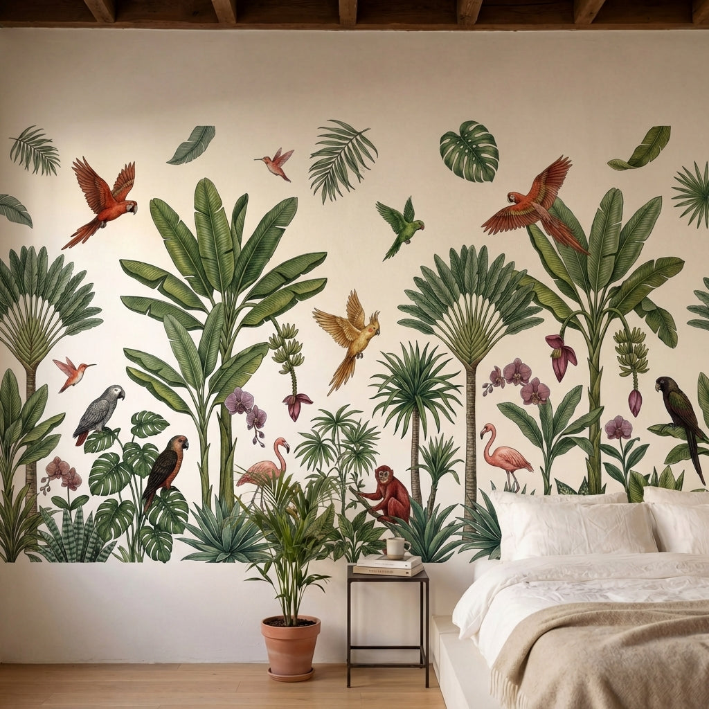papier peint panoramique jungle palmiers parrots singes flamingo rose orchidees -HERO-12