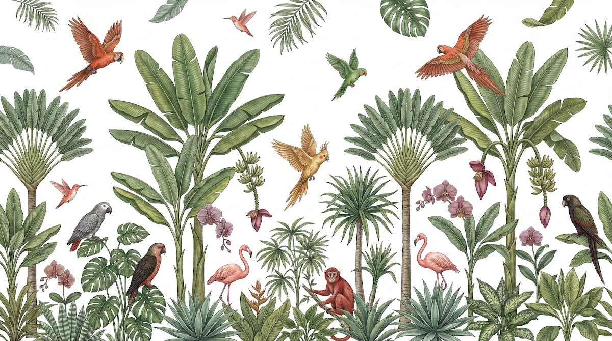 Papier peint panoramique jungle - Palmiers parrots singes flamingo rose orchidées fond blanc crème sur mesure - Design
