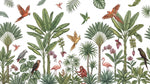 Papier peint panoramique jungle - Palmiers parrots singes flamingo rose orchidées fond blanc crème sur mesure - Design