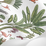 Papier peint panoramique jungle - Palmiers parrots singes flamingo rose orchidées fond blanc crème sur mesure - Matière