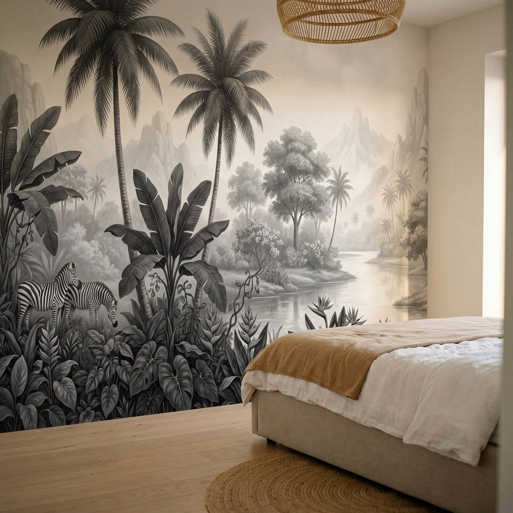 papier peint panoramique jungle palmiers zebres paysage tropical riviere tons gr-2