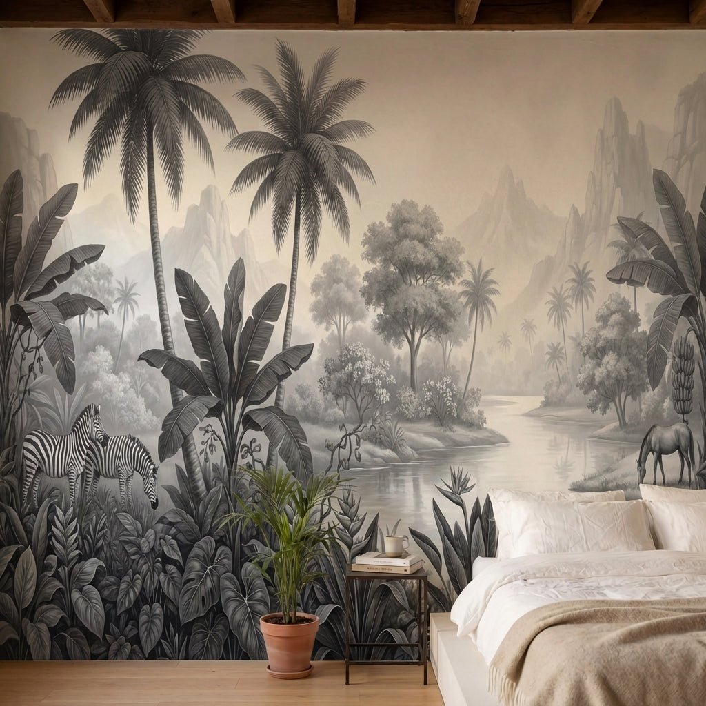 papier peint panoramique jungle palmiers zebres paysage tropical riviere tons gr-3