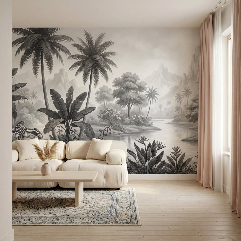 papier peint panoramique jungle palmiers zebres paysage tropical riviere tons gr-6