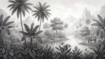 Papier peint panoramique jungle - Palmiers zèbres paysage tropical rivière tons gris anthracite et blanc sur mesure - Design
