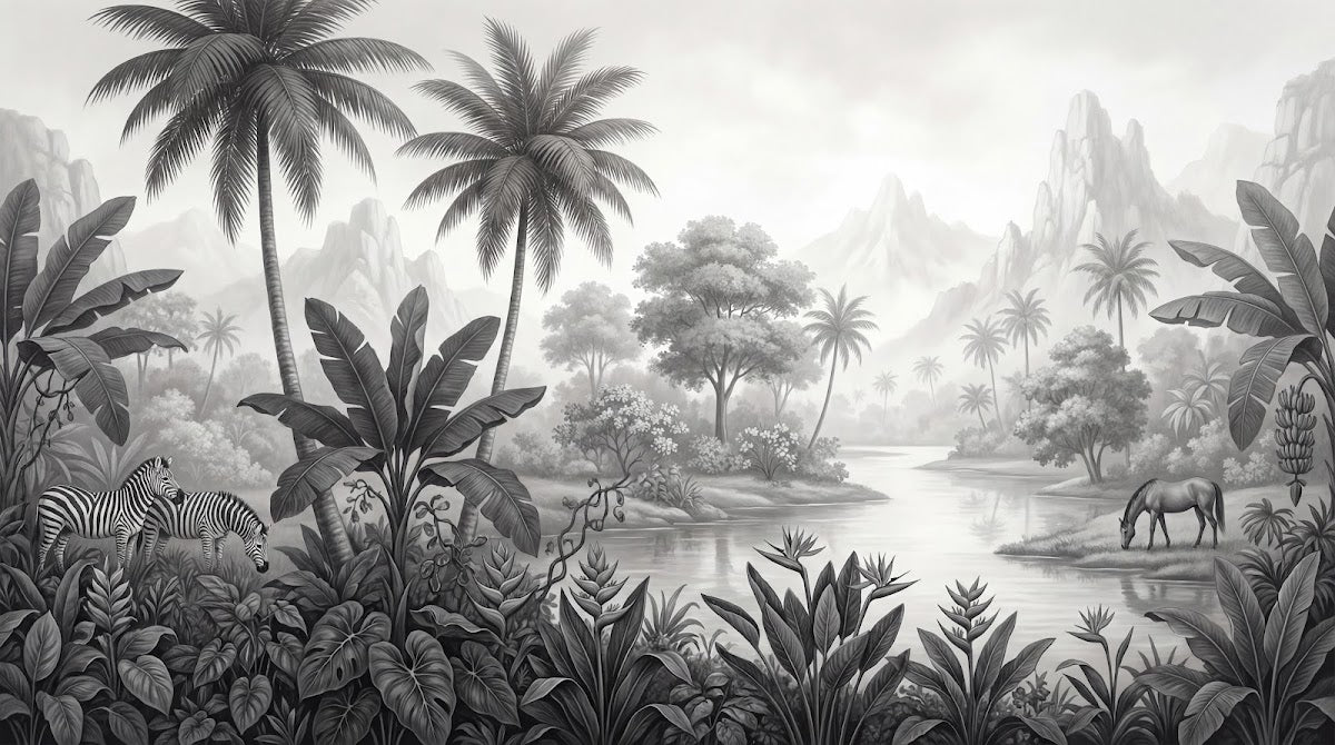 Papier peint panoramique jungle - Palmiers zèbres paysage tropical rivière tons gris anthracite et blanc sur mesure - Design