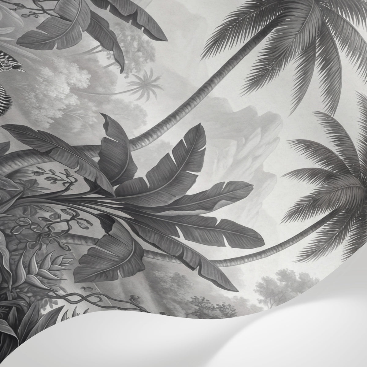 Papier peint panoramique jungle - Palmiers zèbres paysage tropical rivière tons gris anthracite et blanc sur mesure - Matière