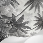 Papier peint panoramique jungle - Palmiers zèbres paysage tropical rivière tons gris anthracite et blanc sur mesure - Matière