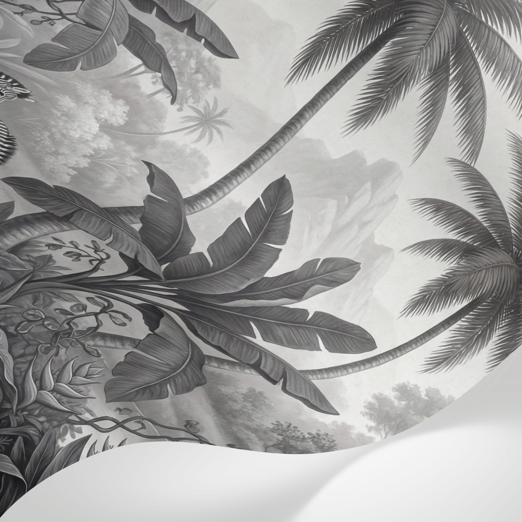 Papier peint panoramique jungle - Palmiers zèbres paysage tropical rivière tons gris anthracite et blanc sur mesure - Matière
