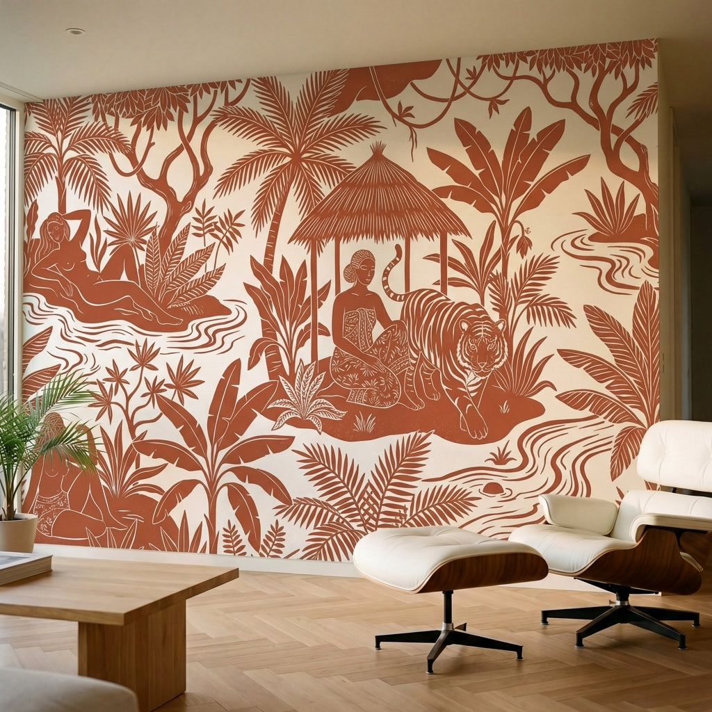 papier peint panoramique jungle personnage parasol tigre singes feuilles tropica-1