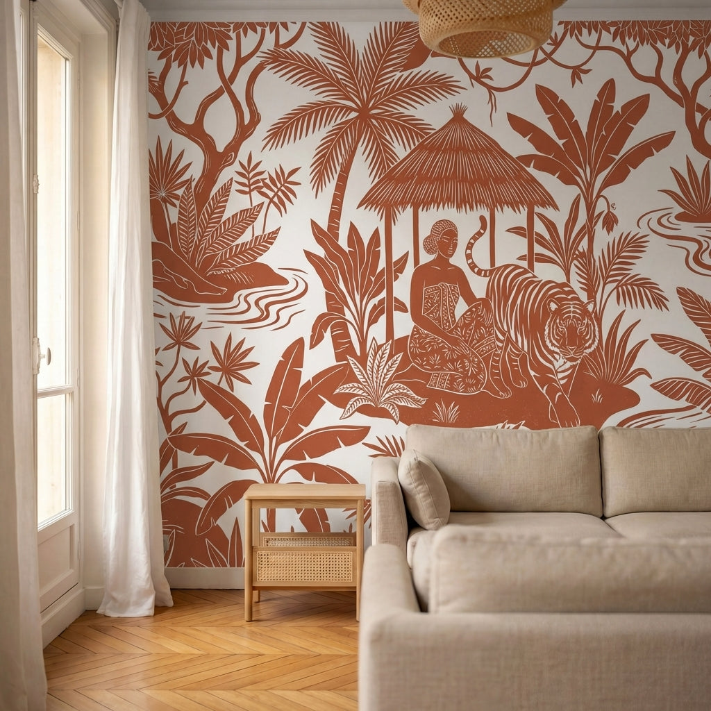 papier peint panoramique jungle personnage parasol tigre singes feuilles tropica-6