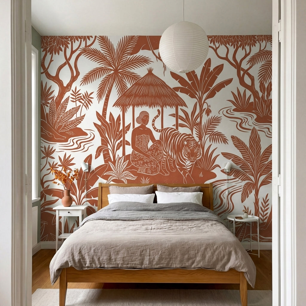 papier peint panoramique jungle personnage parasol tigre singes feuilles tropica-7