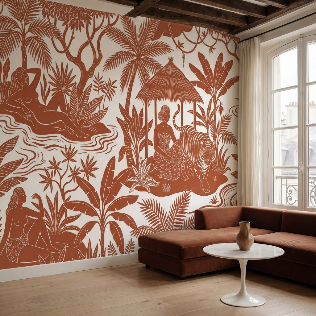 papier peint panoramique jungle personnage parasol tigre singes feuilles tropica-HERO-10