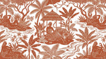 Papier peint panoramique jungle - Personnage parasol tigre singes feuilles tropicales terre de sienne et blanc sur mesure - Design