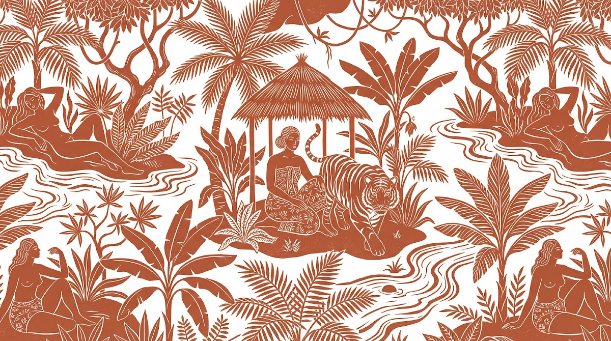 Papier peint panoramique jungle - Personnage parasol tigre singes feuilles tropicales terre de sienne et blanc sur mesure - Design