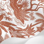 Papier peint panoramique jungle - Personnage parasol tigre singes feuilles tropicales terre de sienne et blanc sur mesure - Matière