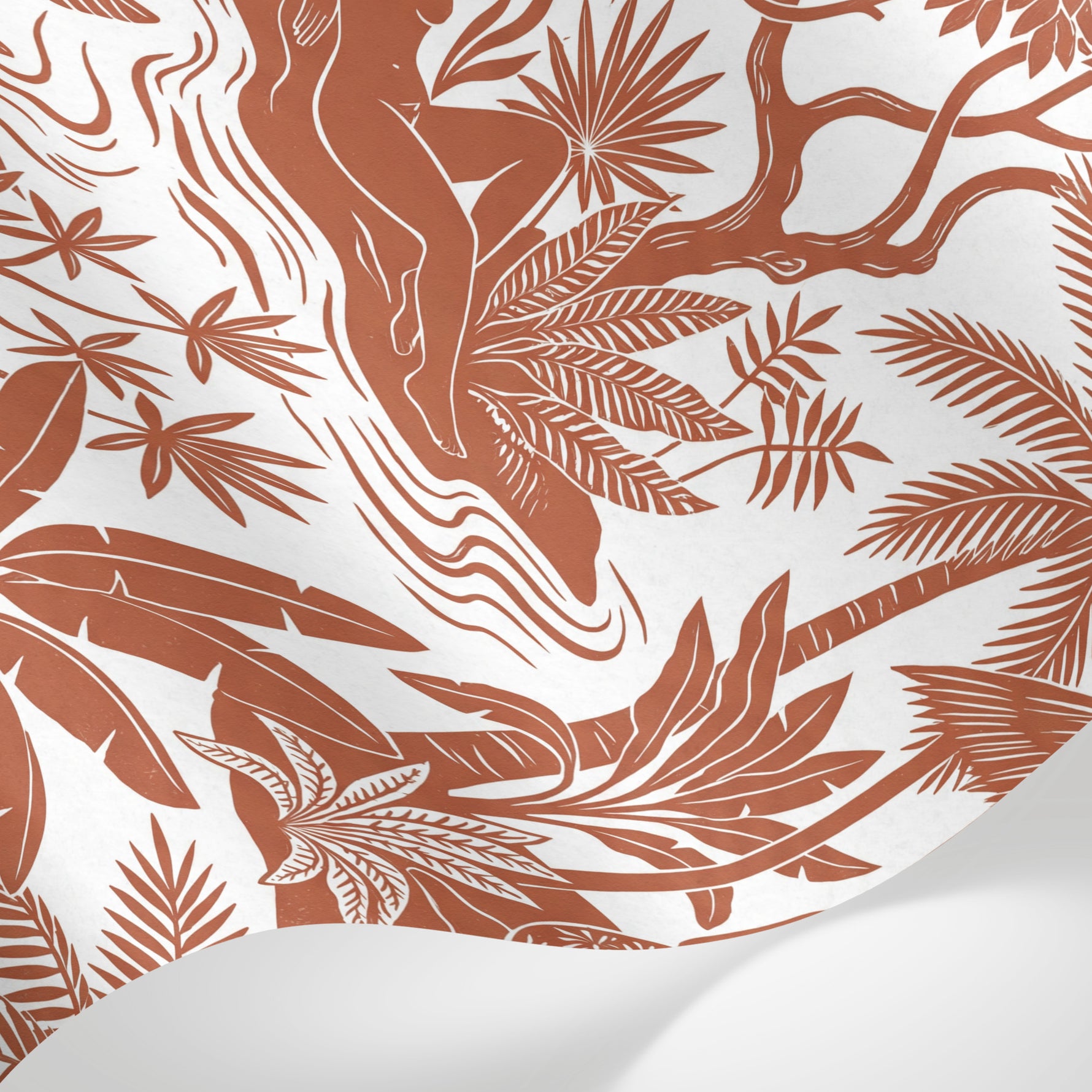 Papier peint panoramique jungle - Personnage parasol tigre singes feuilles tropicales terre de sienne et blanc sur mesure - Matière