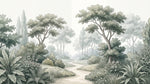 Papier peint panoramique jungle - Sentier forêt tropicale feuillage dense tons vert sauge et beige sur mesure - Design