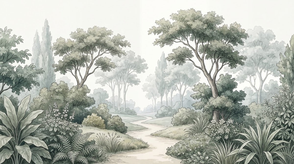 Papier peint panoramique jungle - Sentier forêt tropicale feuillage dense tons vert sauge et beige sur mesure - Design