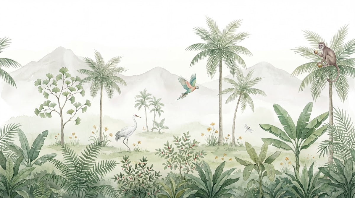 Papier peint panoramique jungle - Singe perroquet héron palmiers tropicaux montagnes brumeuses fond beige crème sur mesure - Design