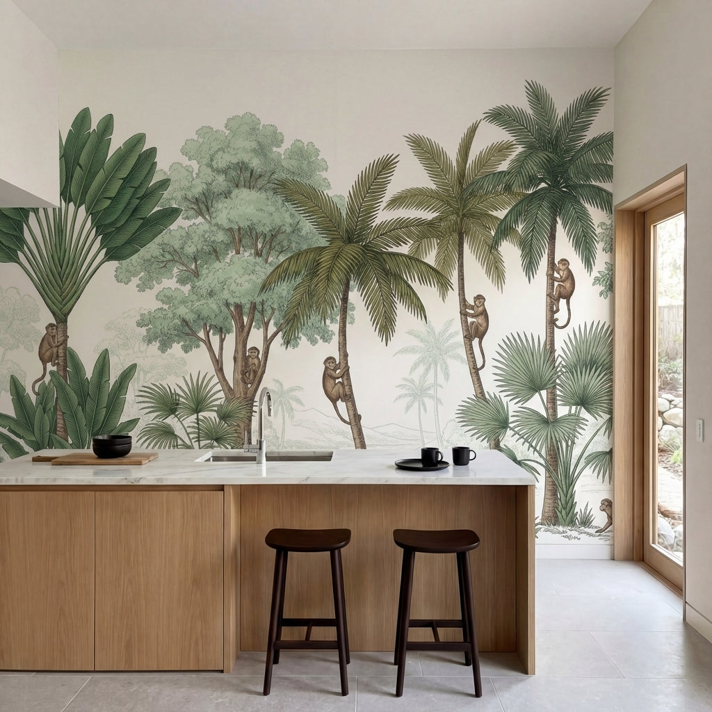 papier peint panoramique jungle singes palmiers cocotiers feuillage tropical fon-1