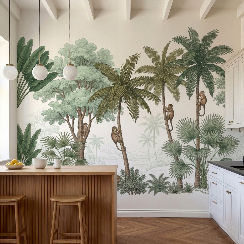 papier peint panoramique jungle singes palmiers cocotiers feuillage tropical fon-2