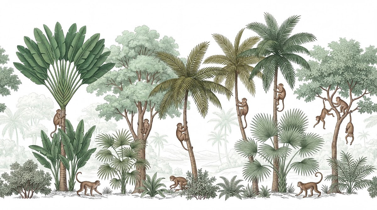 Papier peint panoramique jungle - Singes palmiers cocotiers feuillage tropical fond beige crème et vert sur mesure - Design